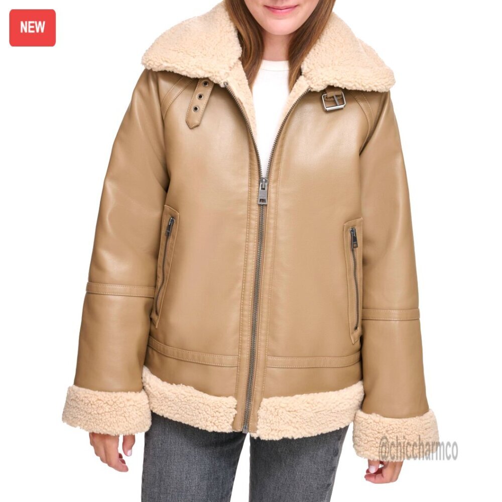 Faux Leather Aviator Jacket Relaxed Fit Sherpa Lined Y2K Retro Chic